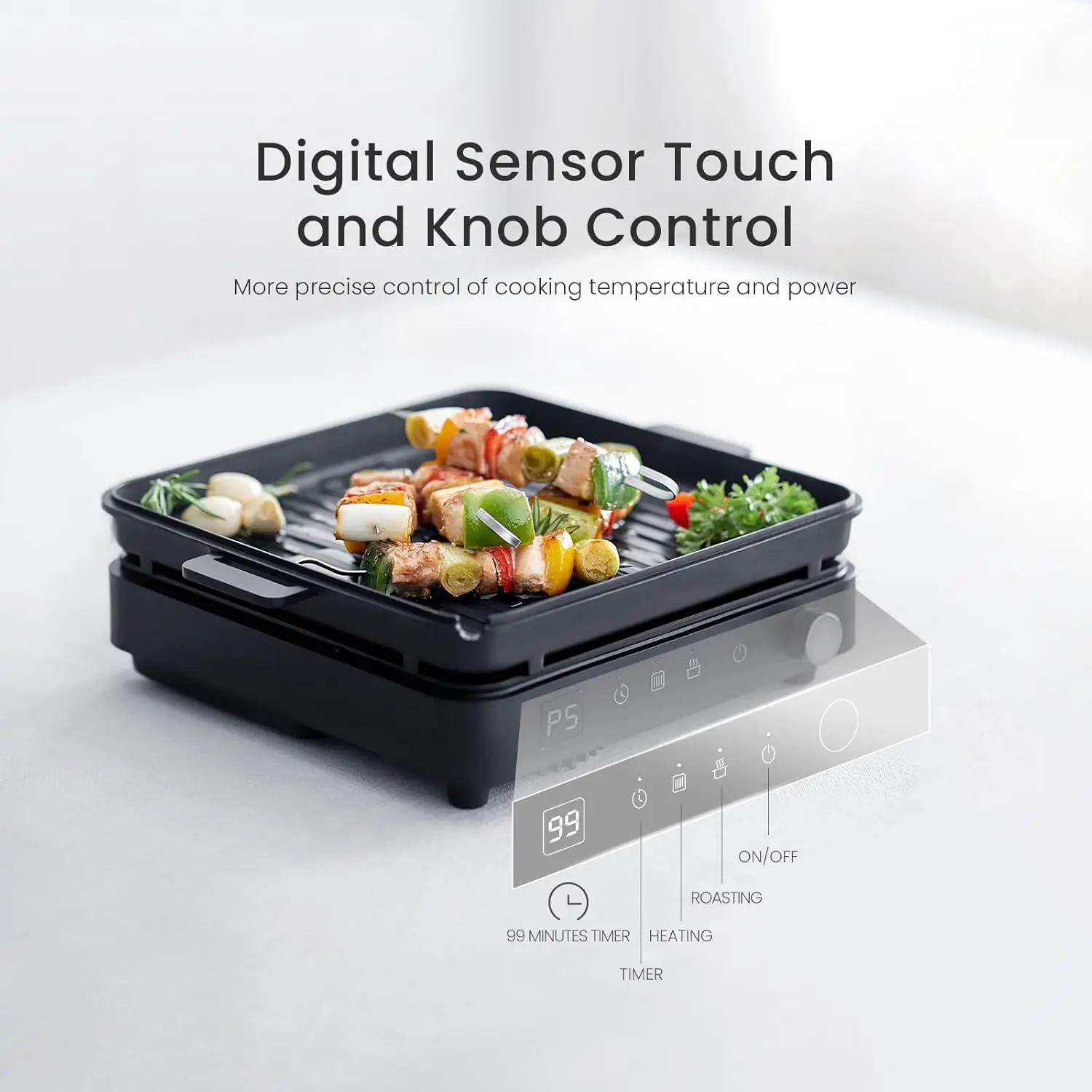 Portable Induction Cooktop 1500W with Grill Pan & Rack, Sensor Touch Hot Plate for Countertop, 6 Temp Levels, Auto Shut-Off