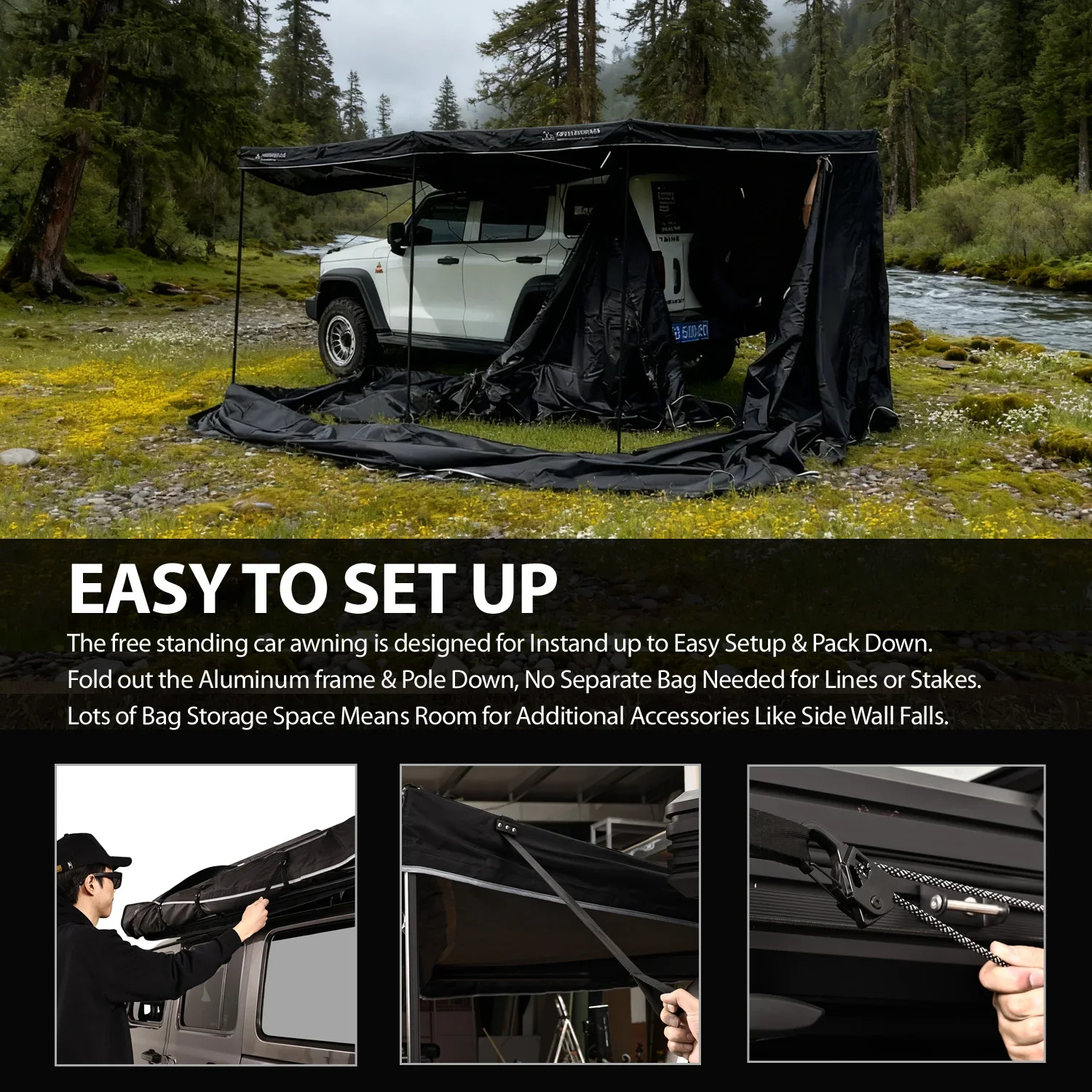 XL Camping Car SUV Roof Tent Free Standing 270 Degree with Foxwing Awning Annex Room Sidewall Cover for Outdoor Travel