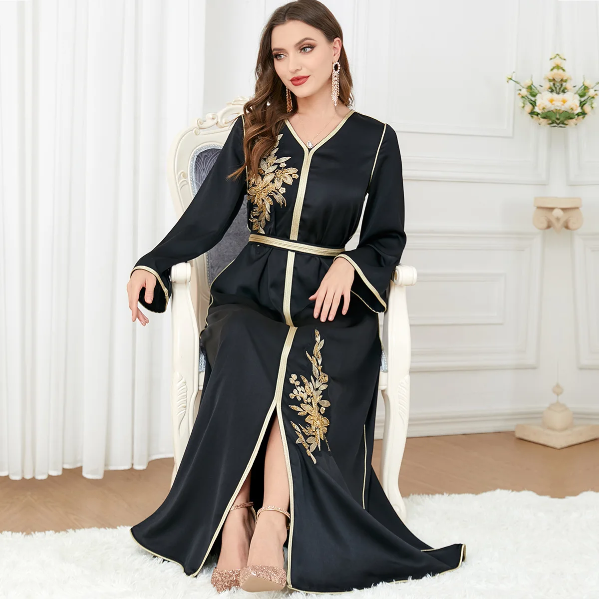 Beading Kaftan Arabic Long Muslim Dress Embroidery Evening Party Dresses Gulf Jalabiya Ramadan Turkey Satin Abaya Black African