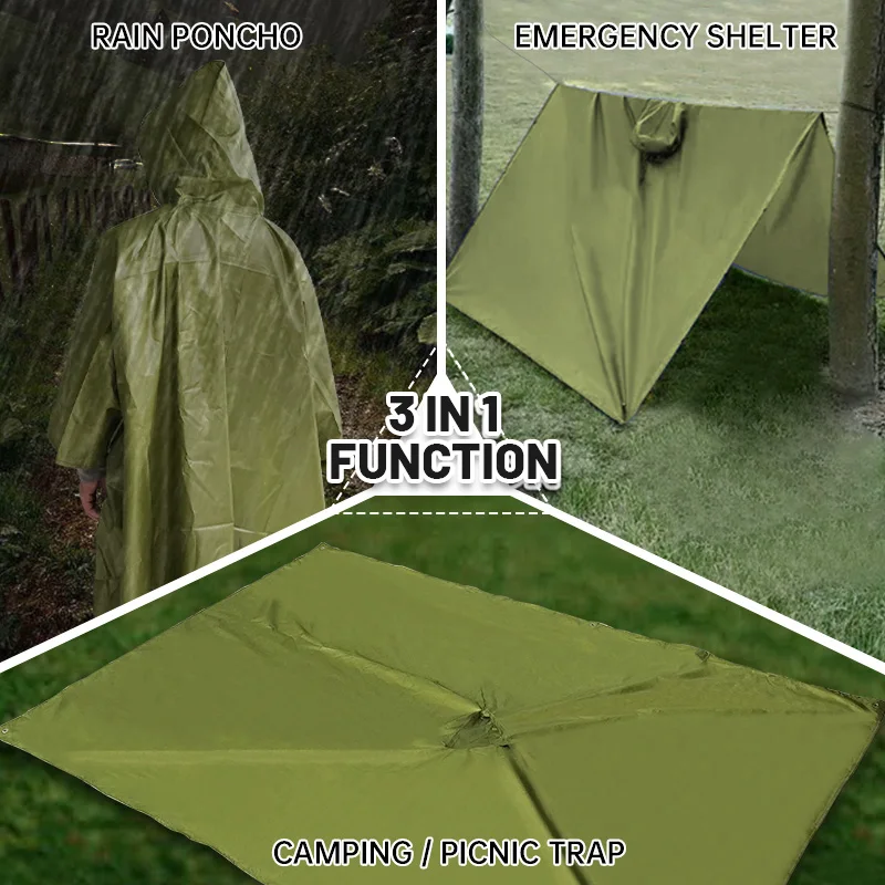 3 in 1 Multifunctional Raincoat Waterproof Rain Poncho Jacket Hiking Rain Cover Outdoor Awning Tent Mat Camping Clothes Rainwear raincoat poncho