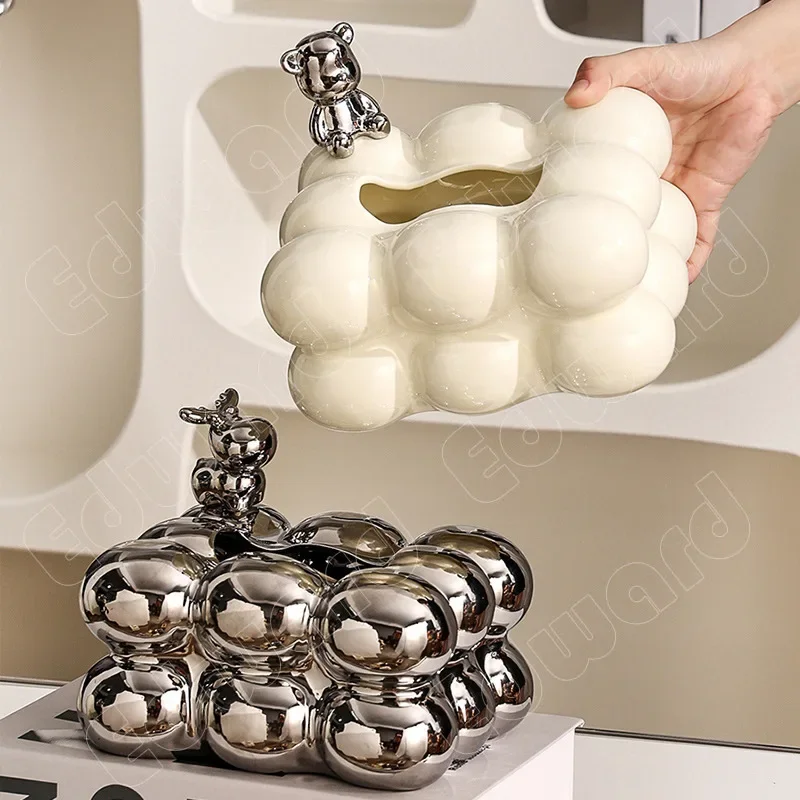 

Creative Bear Design Silver Tissue Box High-end Light Decoration for Living Room Household Desktop Paper Drawer Napkin Paper Box