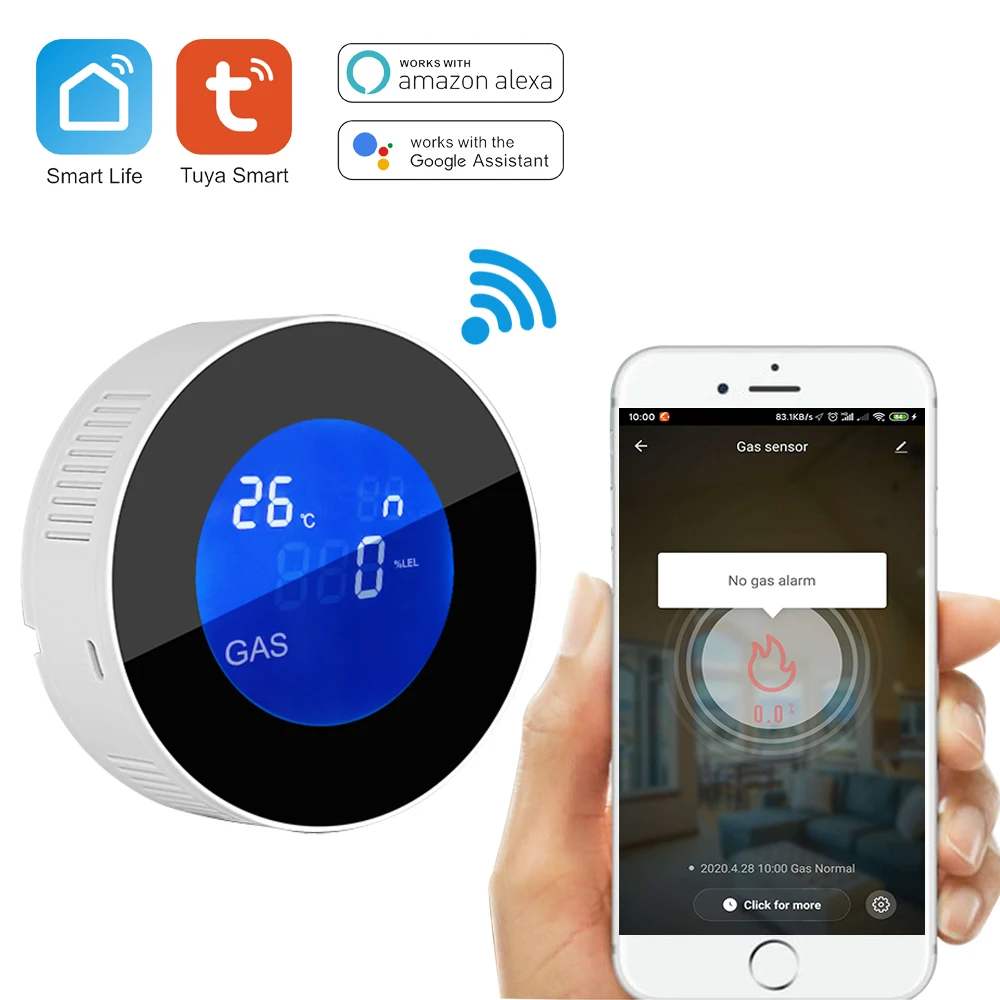 Tuya WiFi Smart Natural Gas Leakage Detecor Alarm Monitor Digital LCD Temperature Display Gas Sensor for Home Kitchen