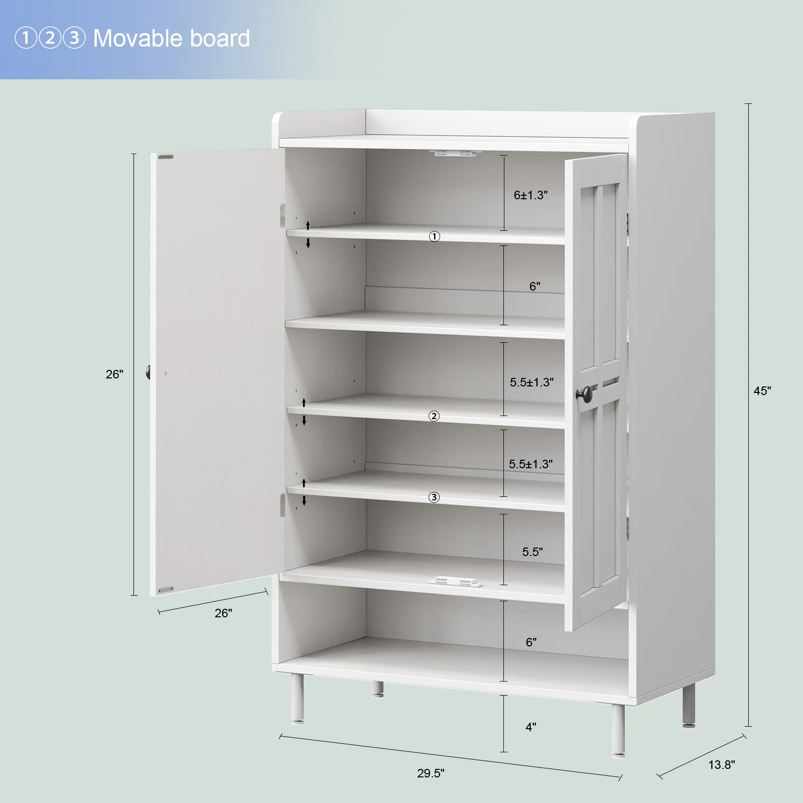 45'' Shoe Cabinet Storage for Entryway, 6-Tier Farmhouse Shoe Storage Cabinet with Cross Molding Doors and 3 Adjustable Shelves 2