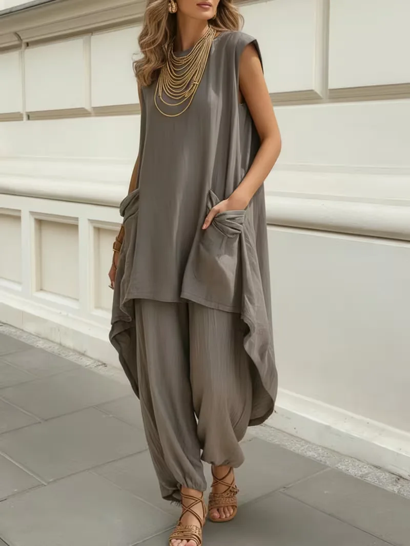 Women's Two-piece Sets Sleeveless Large Pockets Irregular Long Top Wide-leg Trousers Summer Casual Holiday Solid Color Suits 2