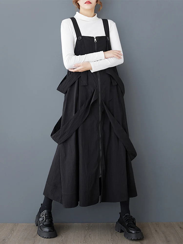 2025 Spring Autumn New Black Vintage Straps Dresses For Women Sleeveless Ribbon Loose Casual Dress Robe Elegant Fashion Clothing