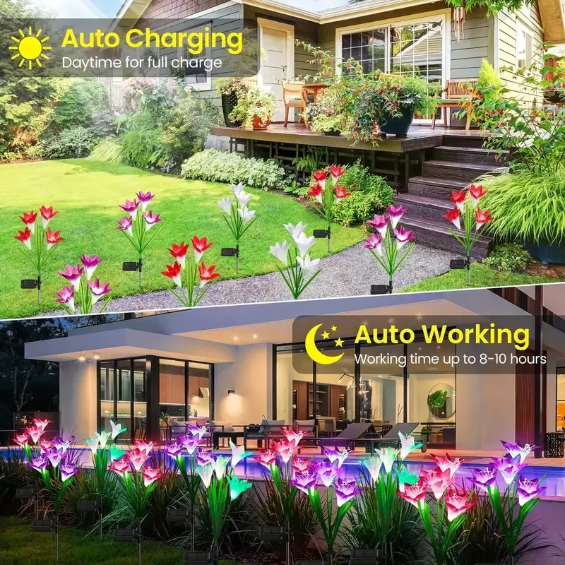 Outdoor Solar Lights 2Pack Solar Garden Lamp with Bigger Lily Flowers Waterproof 7Color Changing Lights Patio Yard Garden Decor 4