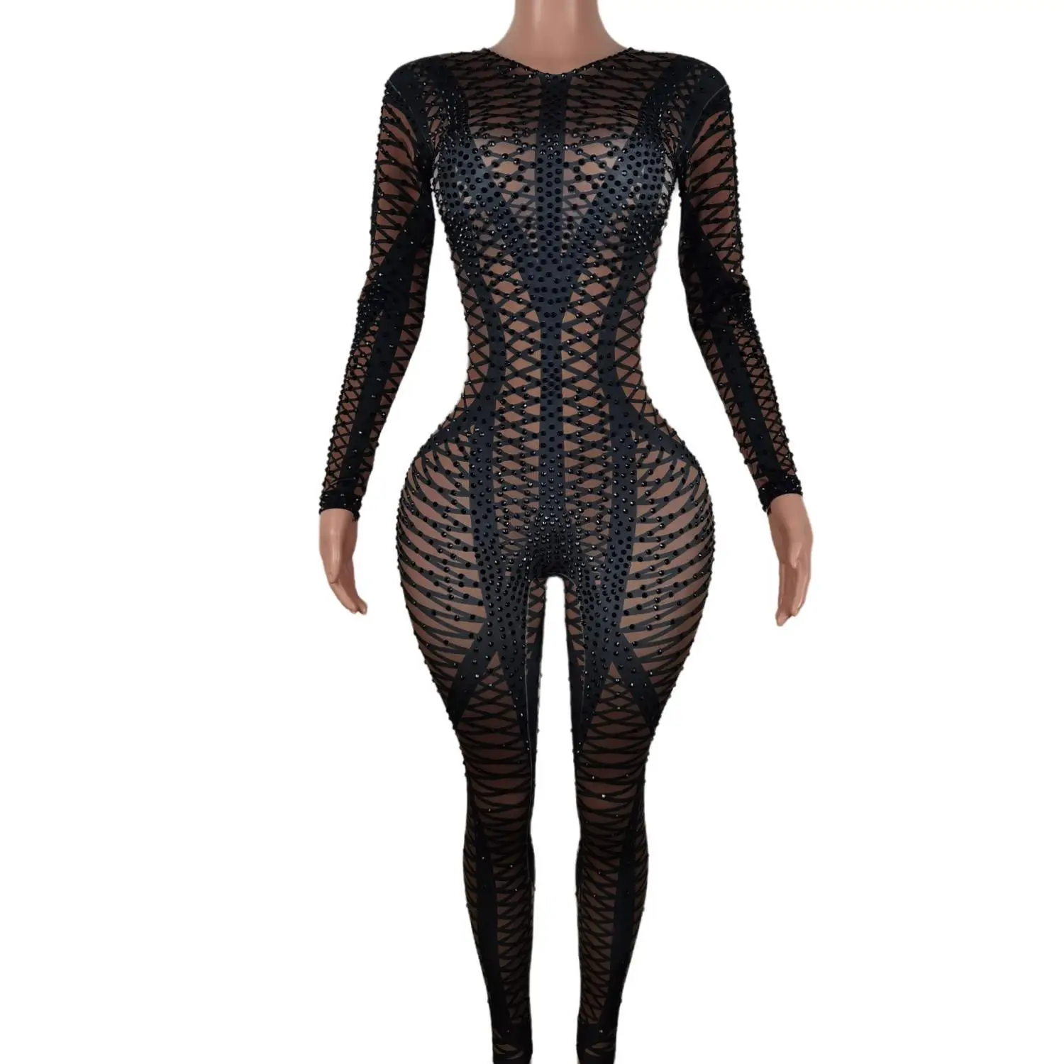 

Sexy Geometric Patterns Jumpsuit Woman Sparkly Stones Bodysuit Stage Wear Celebrate Female Singer Crystals Costume Outfit Heicha
