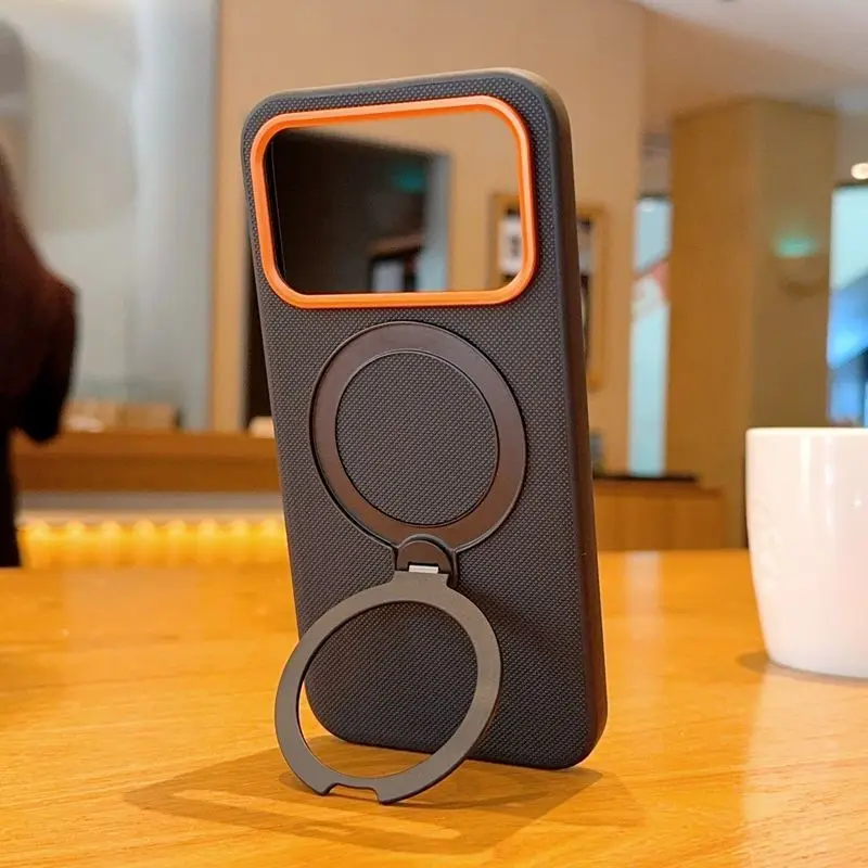 Hülle für POCO F9 F8 Pro Ultra Metall-Drehständer Orangefarbener Ring Objektivrahmen Lederhülle für POCO F 9 Ultra Stoßfeste Hülle