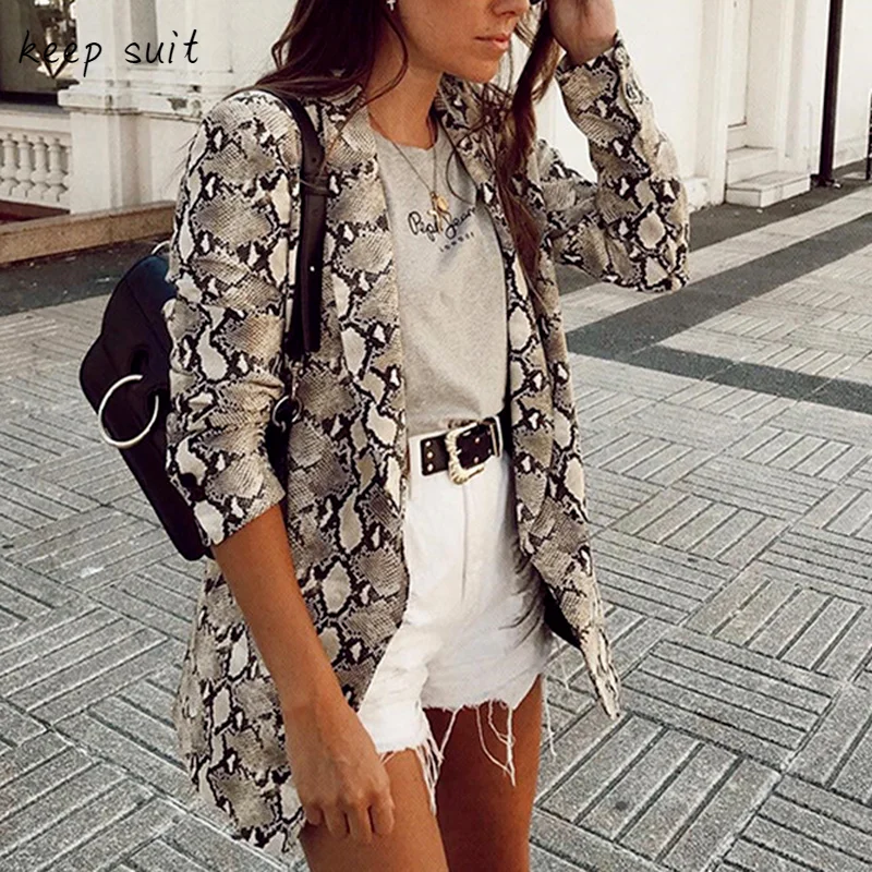 Snake Print Blazer Female Buttonless Suit 2022 Office Lady Retro Casual Long-sleeved Jacket Fashion Commuter Temperament Blazer