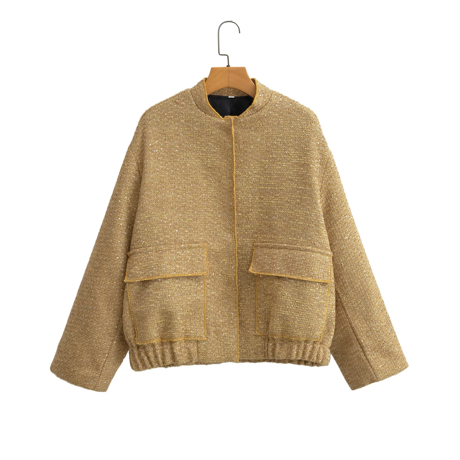 

Spring/Autumn Fashion Beaded Sequin Jacket New Stand Collar Solid Long Sleeve Top Korean Reviews Many Clothes Jackets for Women