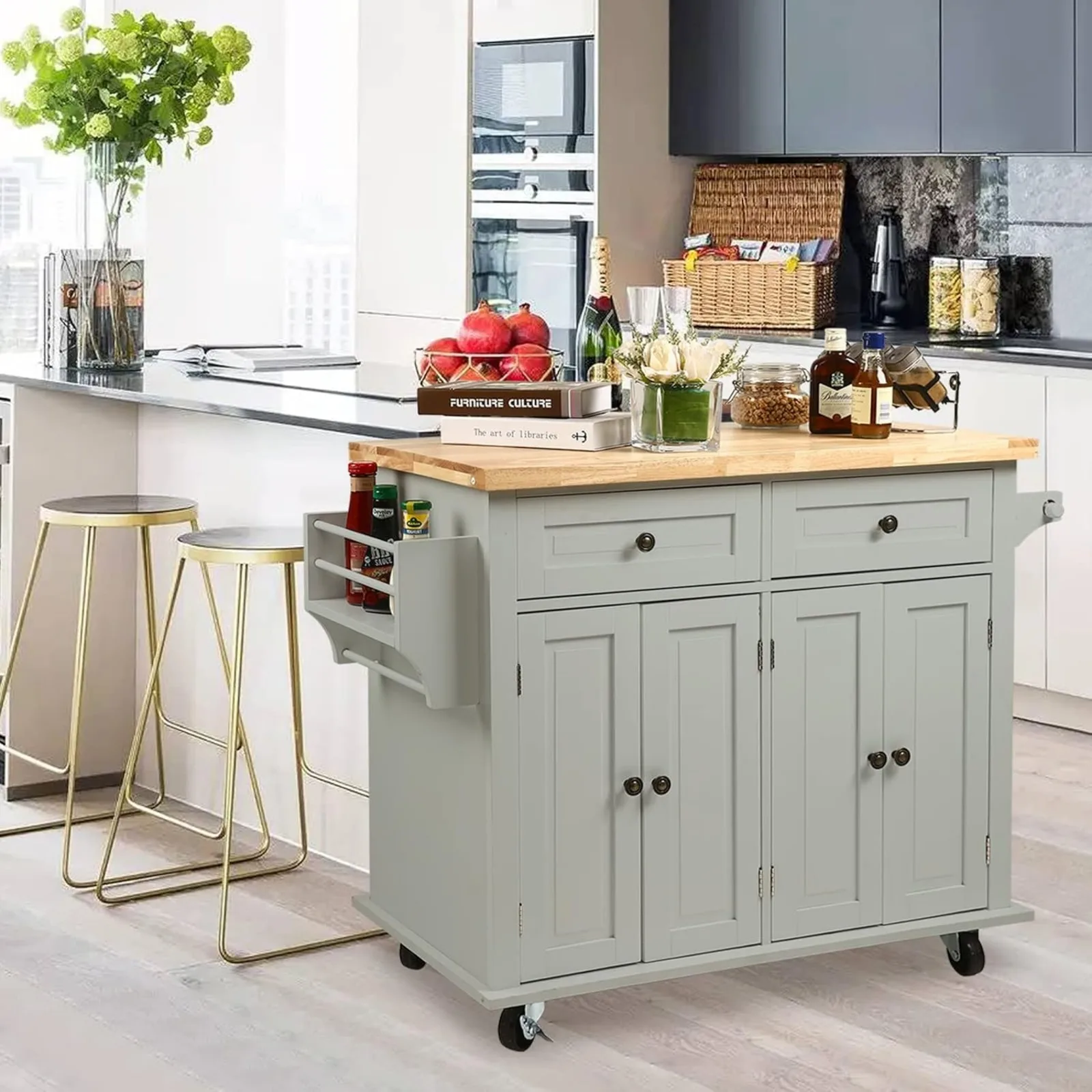 US Kitchen Island Cart,Kitchen Bar&Serving Cart Rolling on Wheels with Spice Rack Towel Holder Utility Storage Trolley with