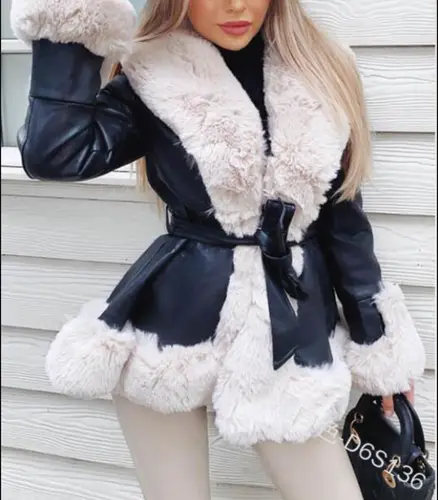 2025 Women's Casual Warm imitation Rabbit Hair Patchwork Leather Jacket Fashion Lapel Long Sleeve Belt Short Coat Winter New - Image 8
