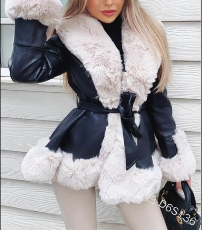 2025 Women's Casual Warm imitation Rabbit Hair Patchwork Leather Jacket Fashion Lapel Long Sleeve Belt Short Coat Winter New - Image 8