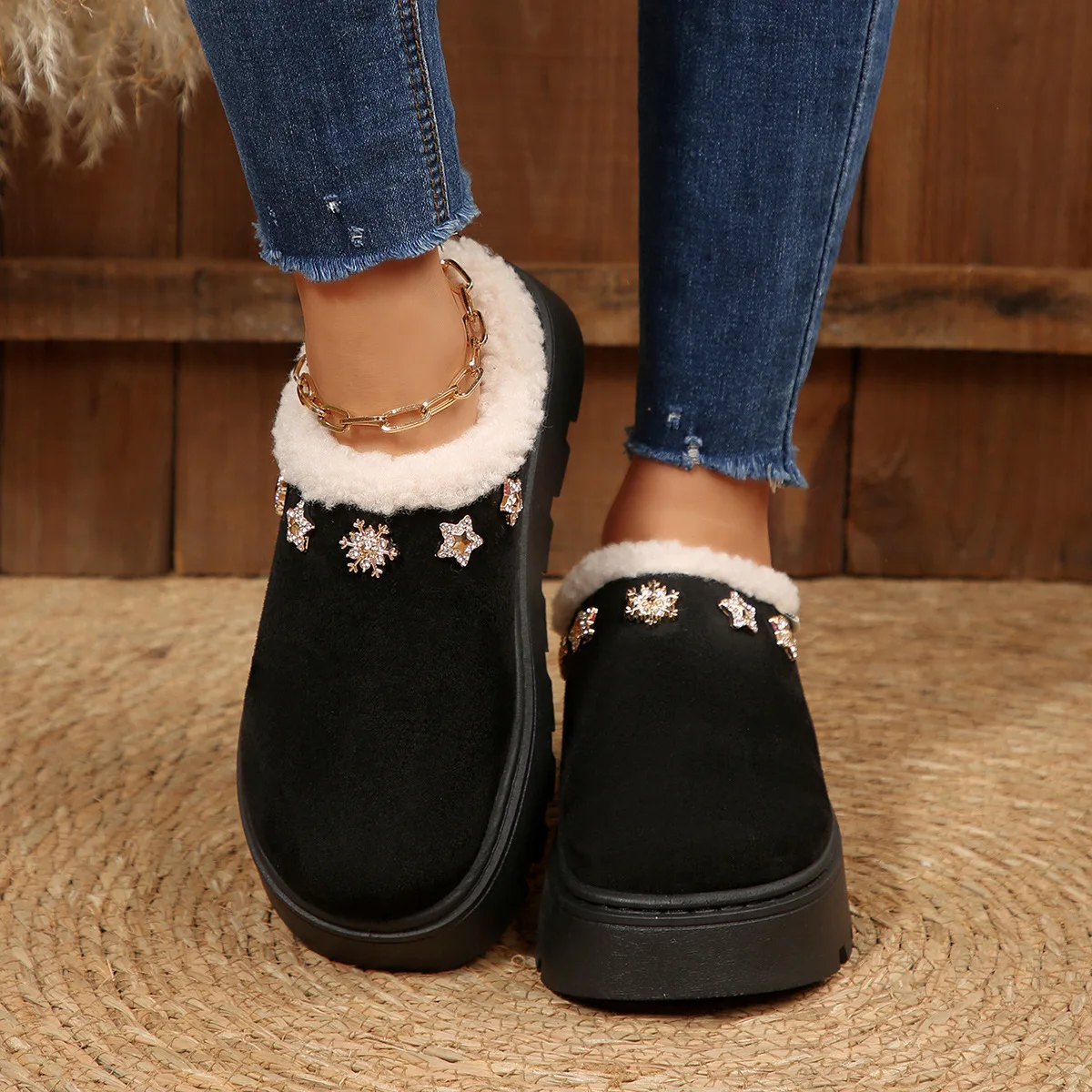 Chunky Platform Wedge Heel Furry Casual Shoes Women 2025 Winter Warm Plush Mules Slippers Soft Thick Bottom Fur Outdoor Slippers