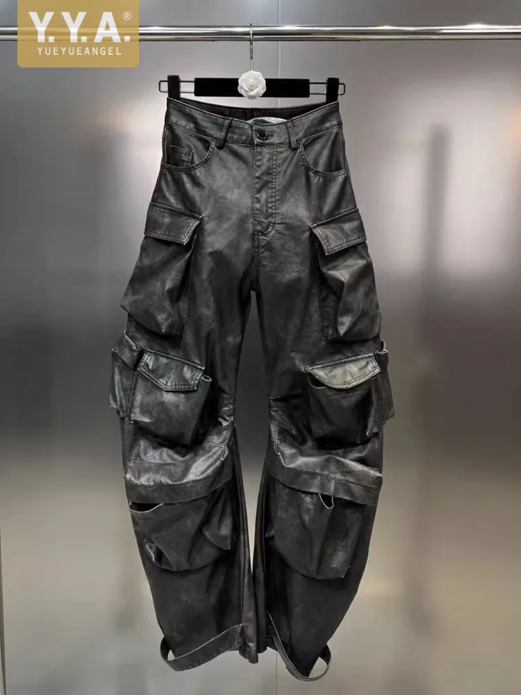 

High Street Women Loose Fit Faux Leather Wide Leg Pants Vintage Multi Pockets PU Leather Cargo Pants Autumn New Long Trousers