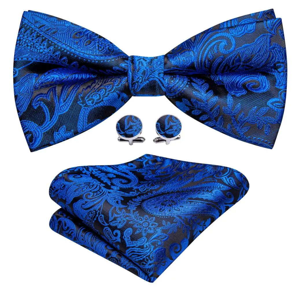 Barry.Wang Navy Royal Sky Blue Silk Mens Bow Tie Jacquard Paisley Floral Pre-Tied Bowtie Hanky Cufflinks Set Wedding Business