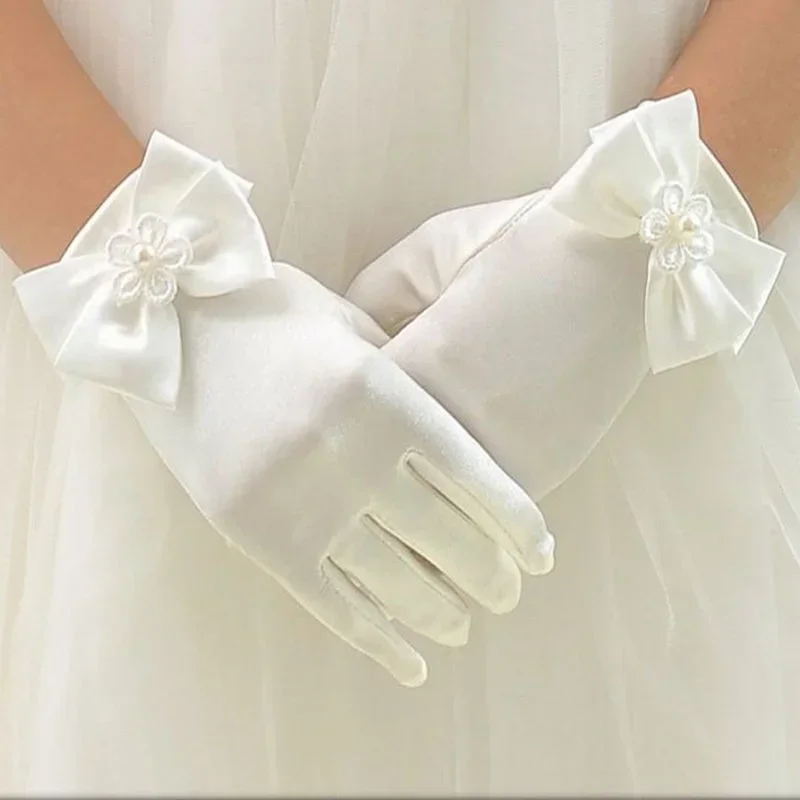 Sweet satin flower child gloves white gloves for kids children girls wedding with bow kids fashion children's mittens satin gloves children gloves