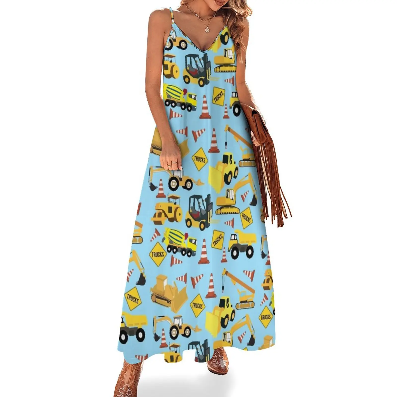 

Construction Trucks Vehicles Pattern - Excavator, Dump Truck, Backhoe and more. Sleeveless Dress long dress women summer