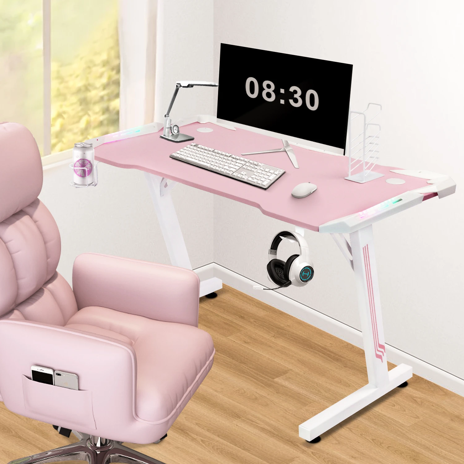 Pink Gaming Desk With Led Lights Z Shaped Rgb Home Gaming Computer Desk