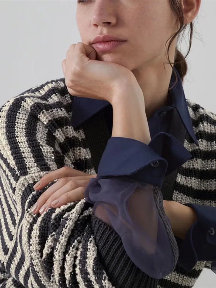 

Eary Autumn Women Stripes Long Sleeve Knitted Sweater Casual V-Neck Sequin Decoration 2023 New Lady Single Breasted Cardigan Top