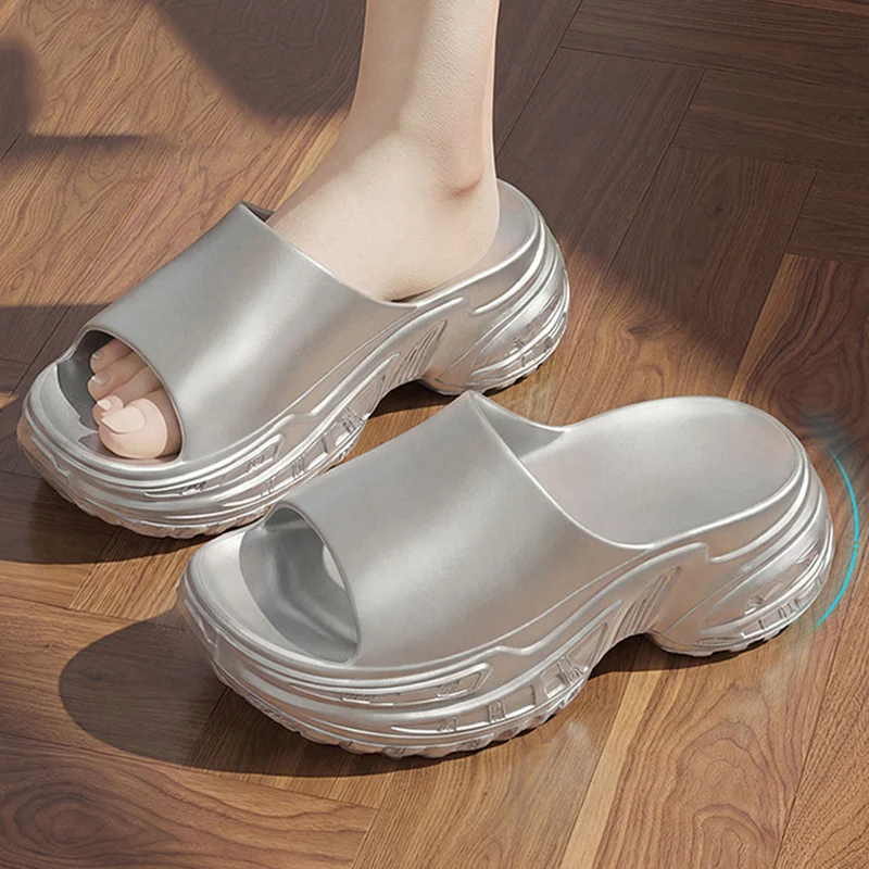 Silver Chunky Platform Slippers Women 2026 Summer Thick Bottom Heighten Sandals Woman Fashion Non Slip Wedges Sandals Female