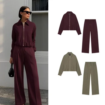 Women's Casual Jacket Pants Sets Female Spring Autumn Long-Sleeve Loose Simple Pilot Jacket Or Lady Wide-Leg Trousers 1