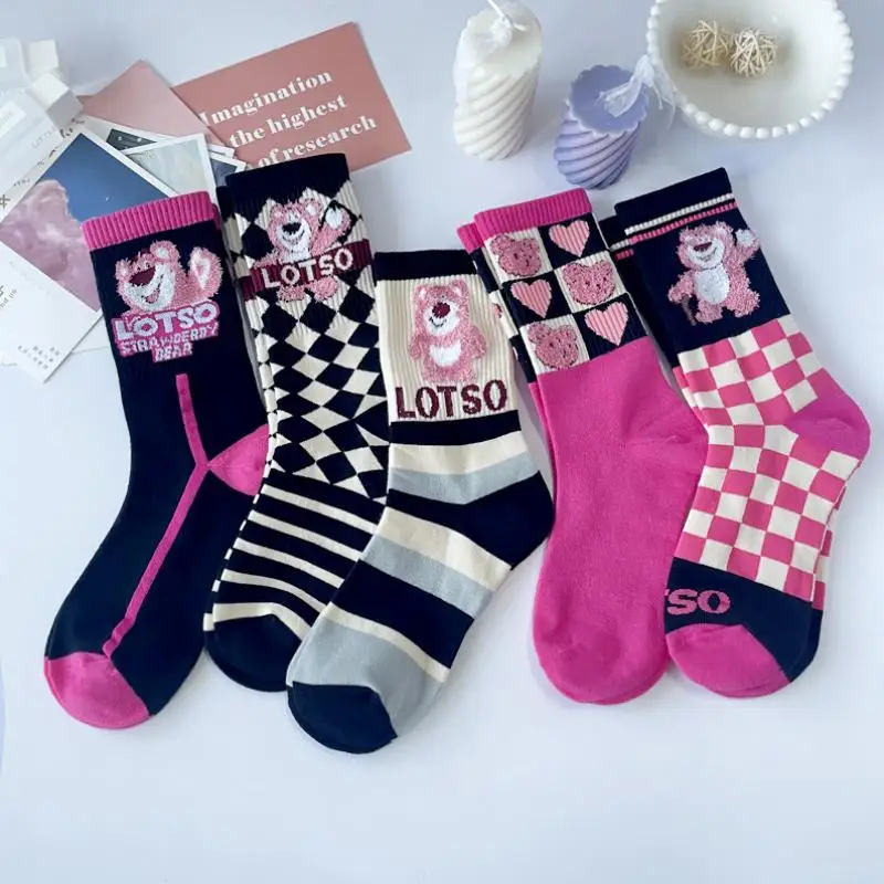 

Miniso Kawaii Lotso Bear Autumn and Winter Mid-Calf Women's Socks Cartoon Socks Cute Checkerboard Cotton Socks for Girl Gifts