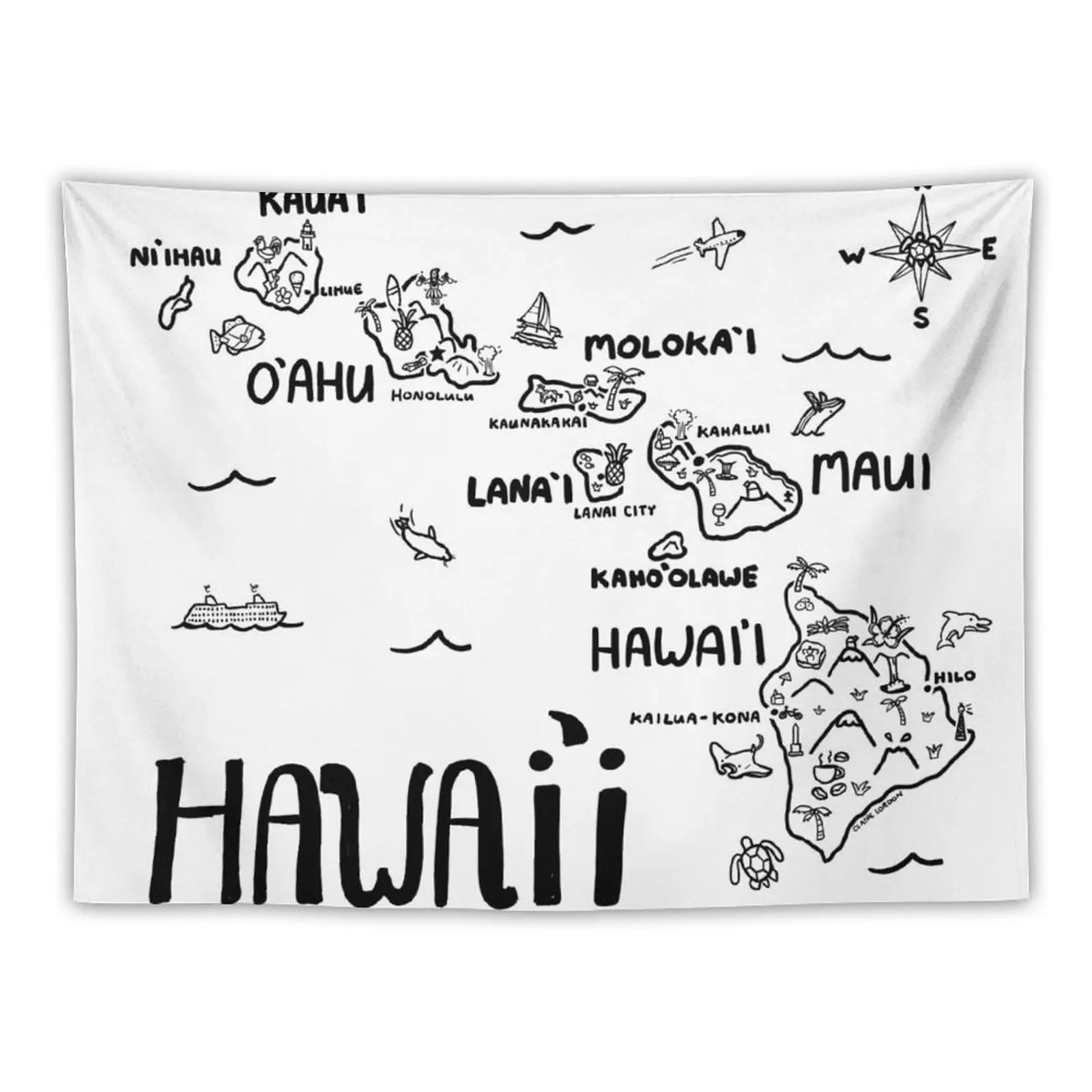 

Hawaii Illustrated Map Black and White Tapestry Wall Hangings Decoration Tapestries