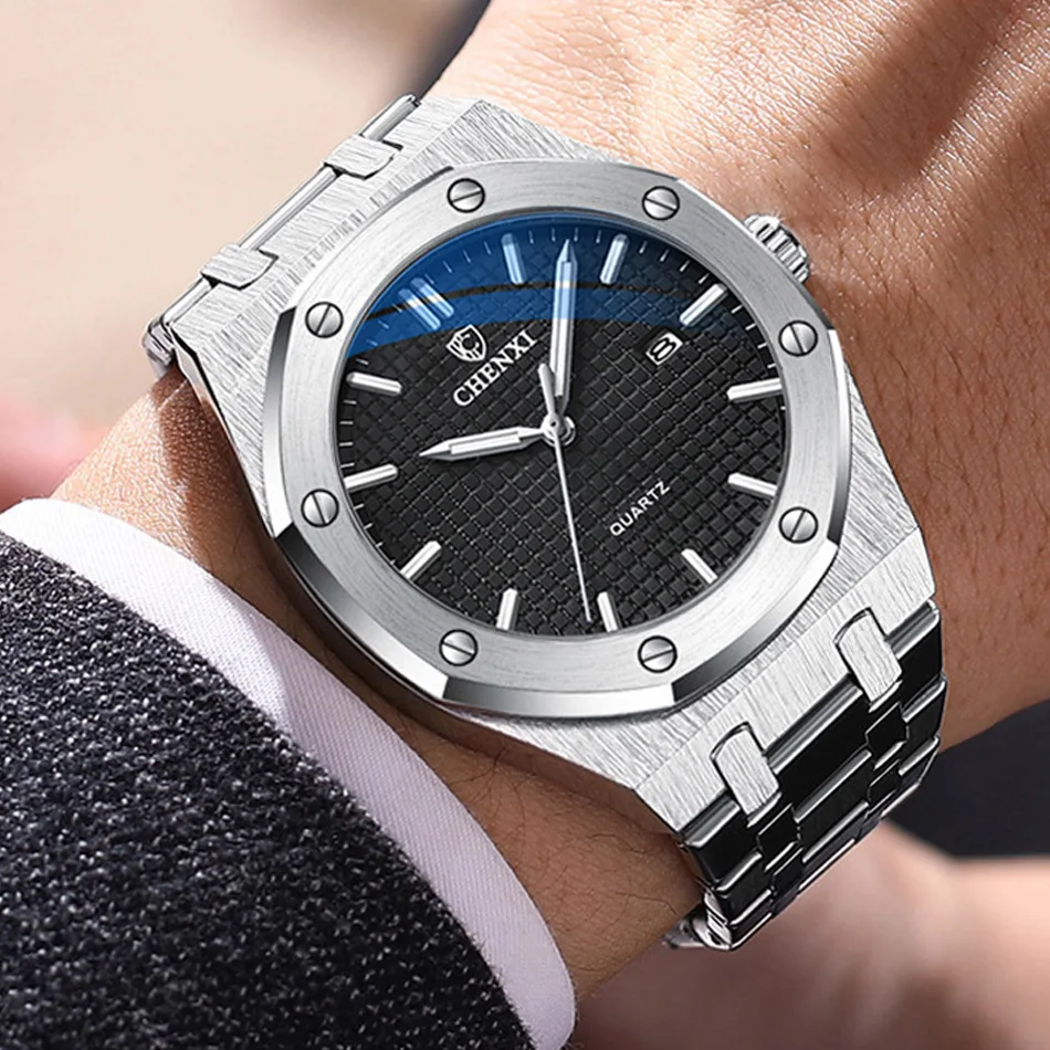 Große Zifferblatt Casual männer Uhren Luxus Edelstahl Band Kalender Uhr für Männer Top Marke Wasserdicht Quarz Minimalismus Uhr