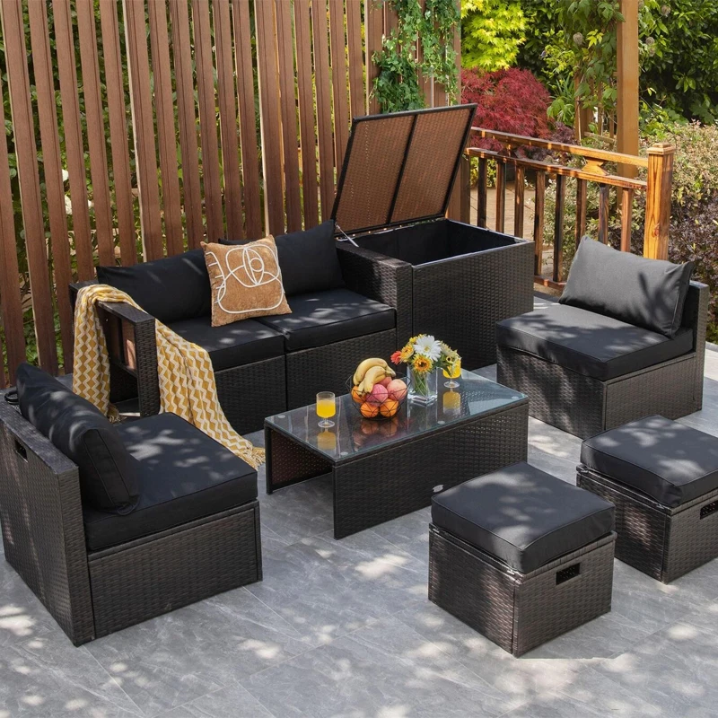 

8 Pieces Patio Space-Saving Rattan Furniture Set with Storage Box and Waterproof Cover Garden Furniture Sets