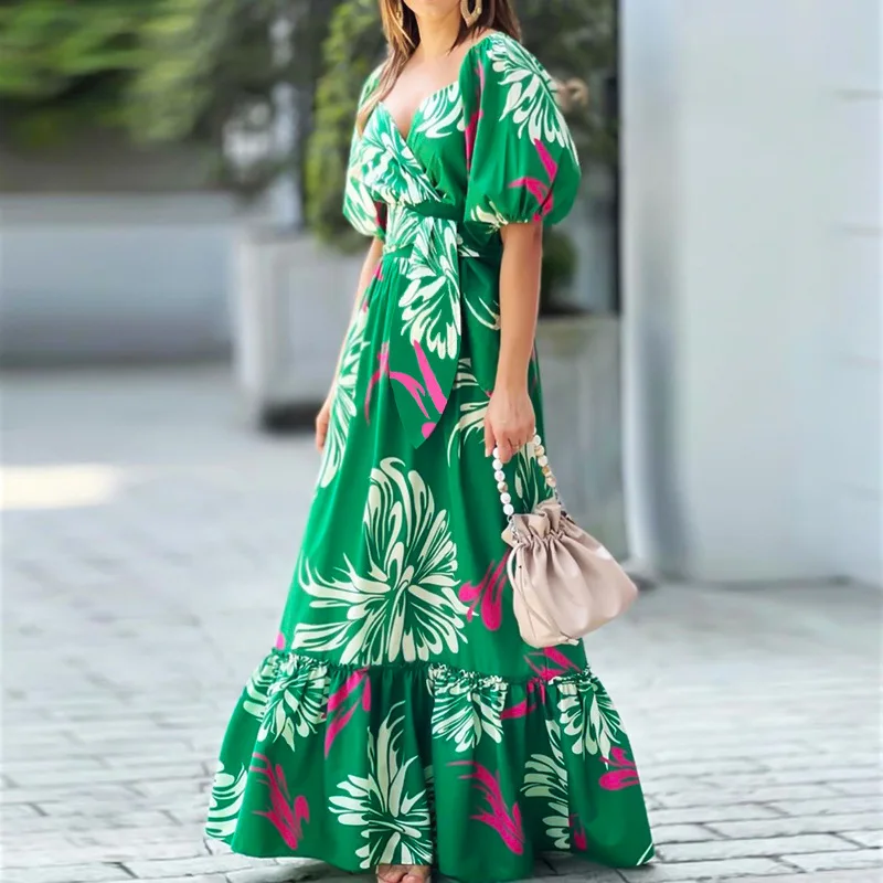 

Summer Women Elegant Floral Print Corset Bohemian Dress Fashion Y2K Casual Short Puff Sleeve V Neck High Waist Folds Party Dress
