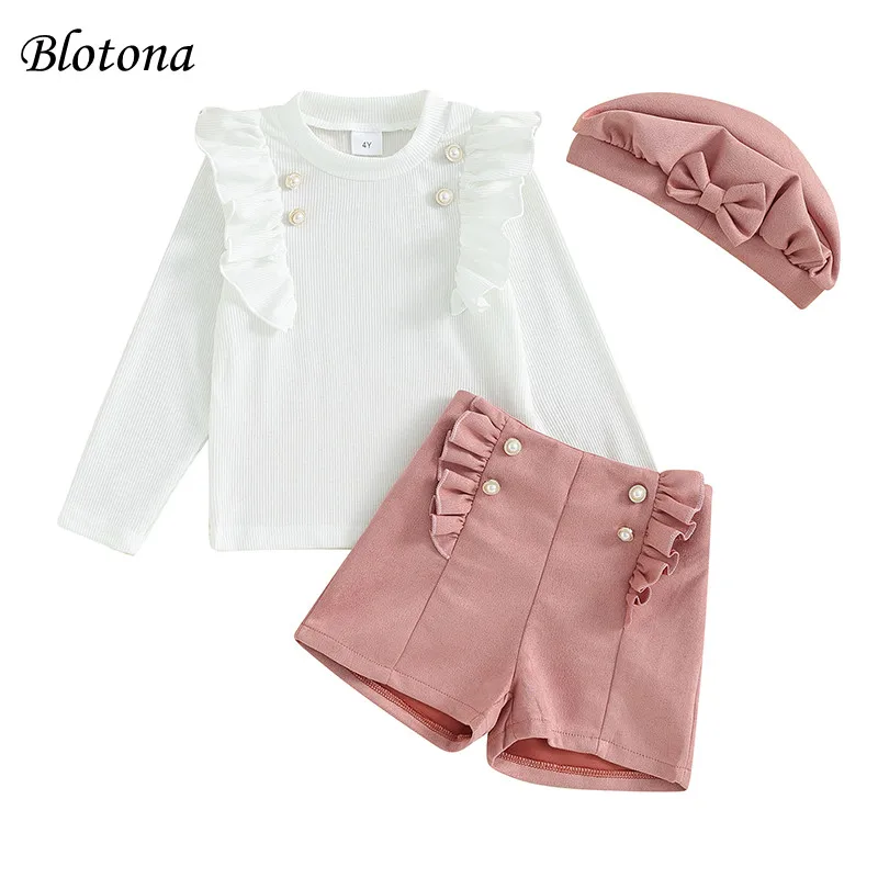 

Blotona Little Girls Autumn Stylish 3Pcs Outfits Ruffled Long Sleeve High Neck Tops Button Decoration Shorts with Beret Set 4-7Y