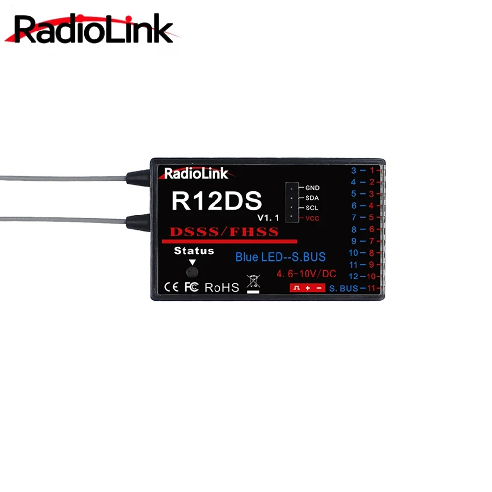 RadioLink R12DS 2.4GHz 12CH DSSS & FHSS Receiver for RadioLink AT9 AT9S AT10 AT10II Transmitter Support For SBUS PWM