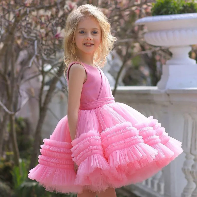 

Girls Birthday Party Princess Dress Children Summer Sleeveless Wedding Dress Toddler Kids Solid Color Tulle Puffy Skirt 1-6Years