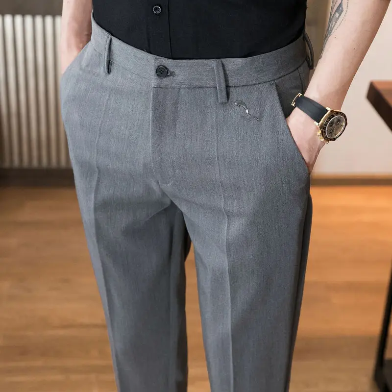 2024 Spring and Summer Casual Minimalist Business Trend High Waisted Button Pocket Korean Slim Fit Cropped Small Leg Suit Pants