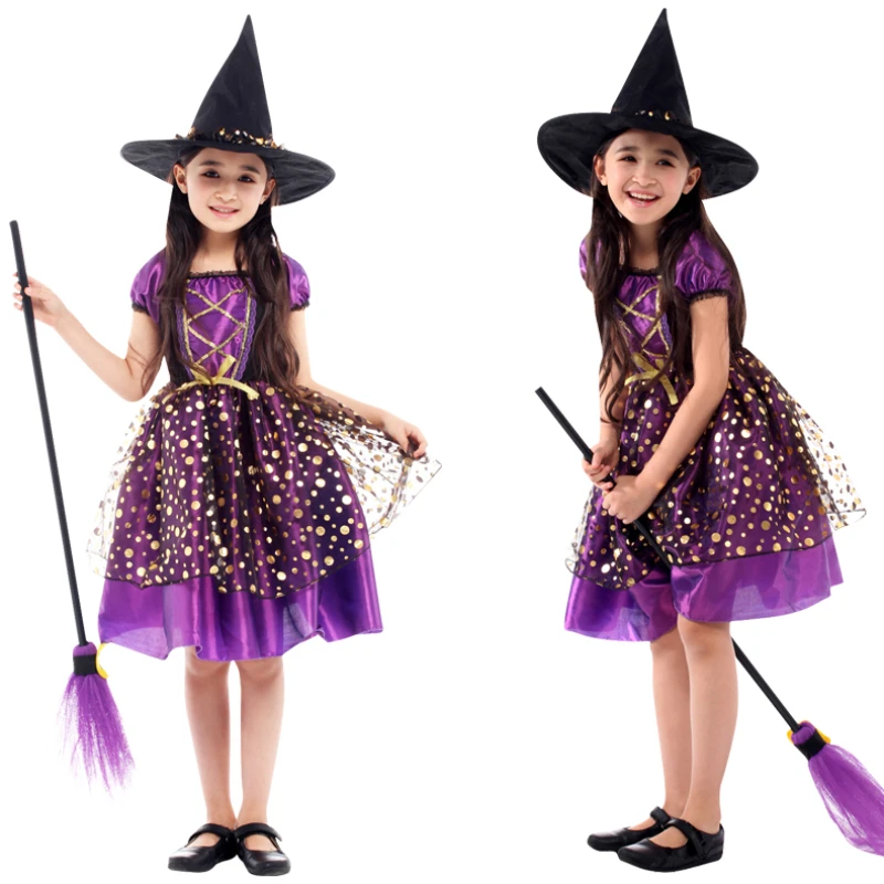 

Disguise Witch Costume for Girls Halloween Knee Dress with Hat Broom Kids Carnival Cosplay Party Outfit Set