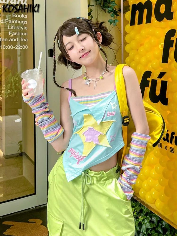 Fake Two Pieces Contrast Color Tank Top Bow Letter Star Patchwork Slim ...
