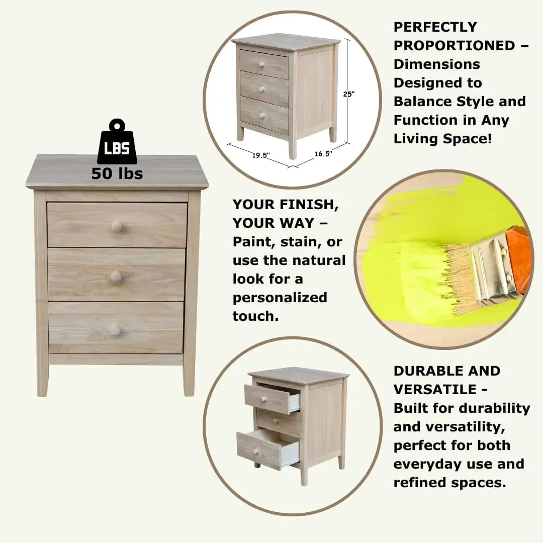 Bedroom Nightstand with 3 Drawers, 19.5" W x 16.5" D x 25"  Construction, Durable and Eco-