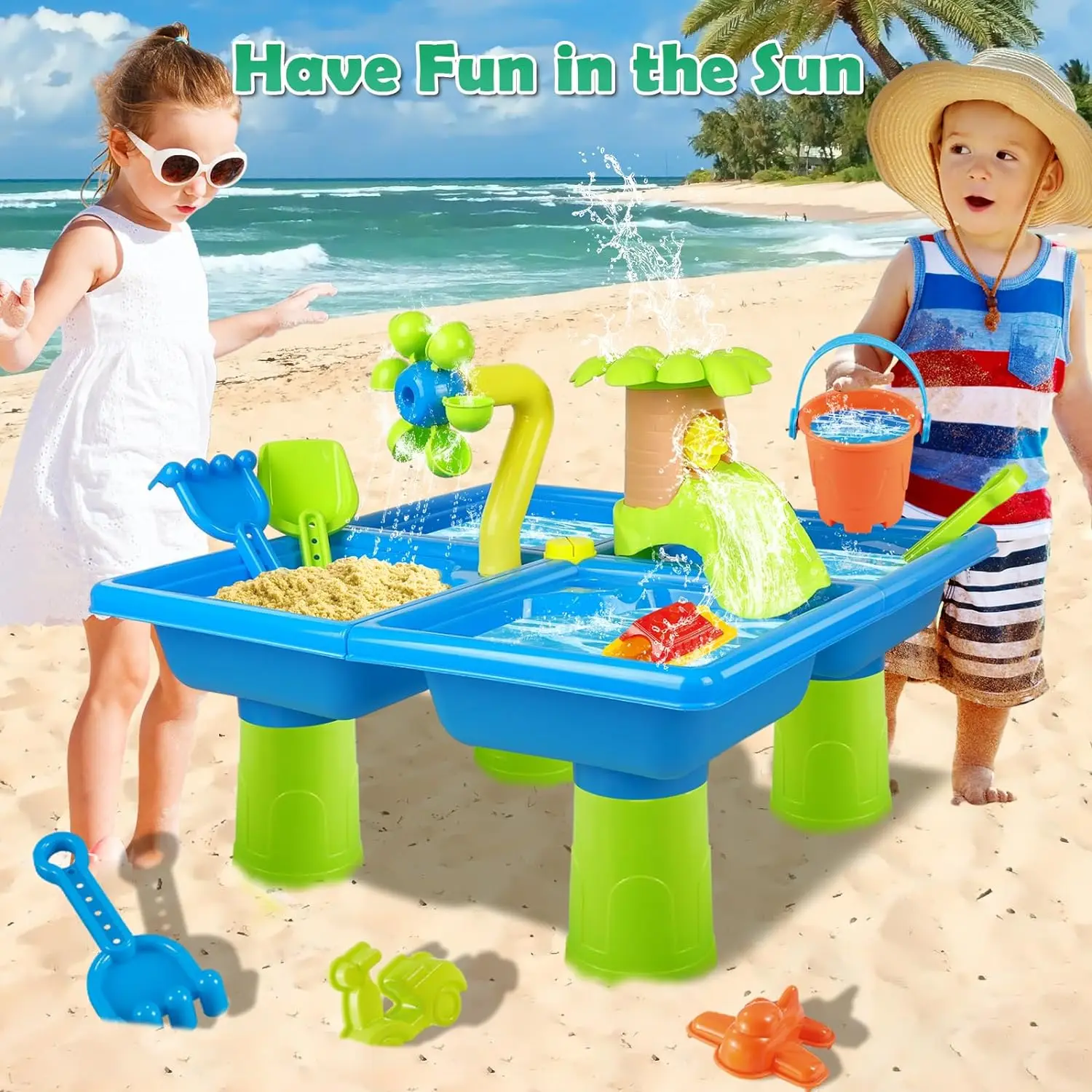 Summer Beach Water Table for Toddlers 4-in-1 Outdoor Play Table Rain Showers Splash Pond Toys 24 PCS Sensory Activity Sand Table 2