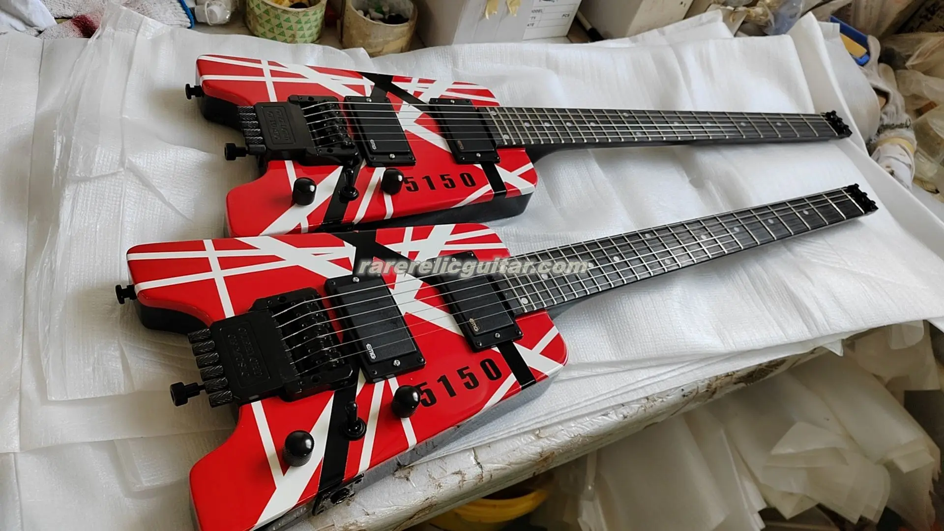 

In Stock Eddie Edward Van Halen 5150 Red White Black Strips Headless Electric Guitar EMG Pickups Tremolo Bridge Black Hardware