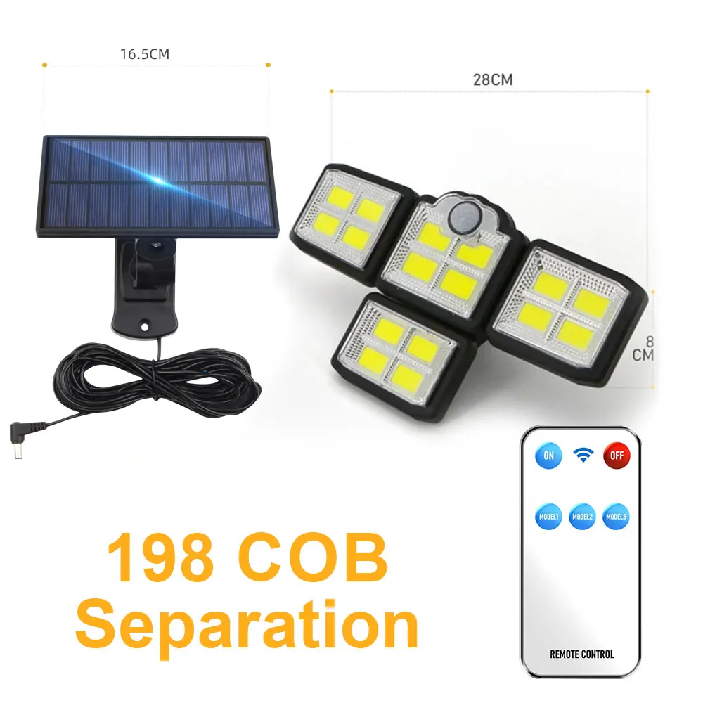 198LED Solar Light lamp Outdoor 3 Head Motion Sensor 270 Wide Angle Illumination Waterproof Remote Control Wall Lamp solar wall lights Solar Lamps