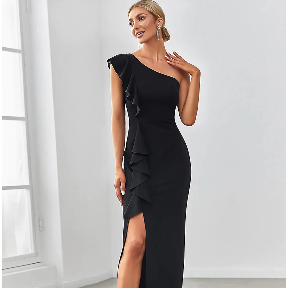 

Elegant Mermaid Trumpet Evening Dress 2024 Asymmetrical One Shoulder Sleeveless Nylon with Ruffles Formal Prom Gown فساتين السهر