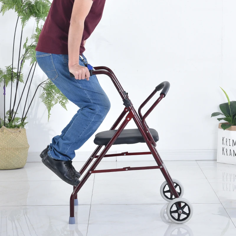 Supportive Walkers Carbon Steel Elderly Rehabilitation Aid with Wheeled Armrest Mobility Support Walker Walking Stick with Seat