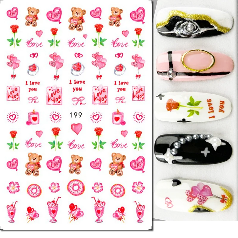 

3d Nail Art Stickers Valentine Day Pink Balloon Love Heart Rose Adhesive Sliders Decals Decorated Nail Manicures