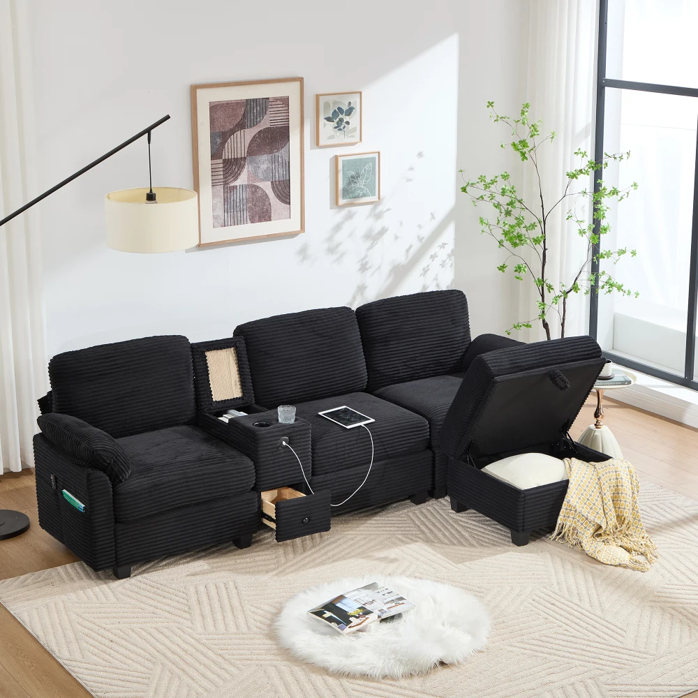 Großes Kordelsofa mit Komfortschaumstoff, 2 Getränkehaltern, USB-C-Anschluss, Seitentasche, Ablagefach, mobilem Aufbewahrungsfach – Detail 24