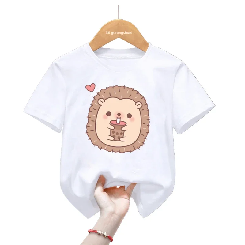 

Cute Panda/Unicorn/Hedgehog Love Boba Cartoon Print T Shirt For Girls/Boys Kawaii Kids Clothes Summer Short Sleeve T-Shirt