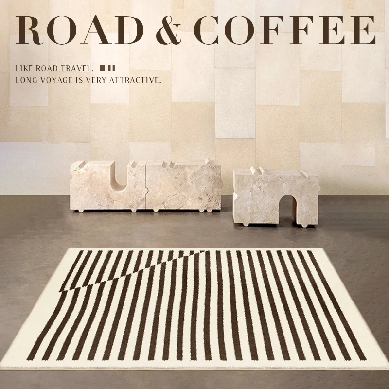 

Retro Line Art Thickened Carpet for Living Room, Brown Coffee Table, Plush Carpets, Light Luxury Bedroom Bedside Dresser,