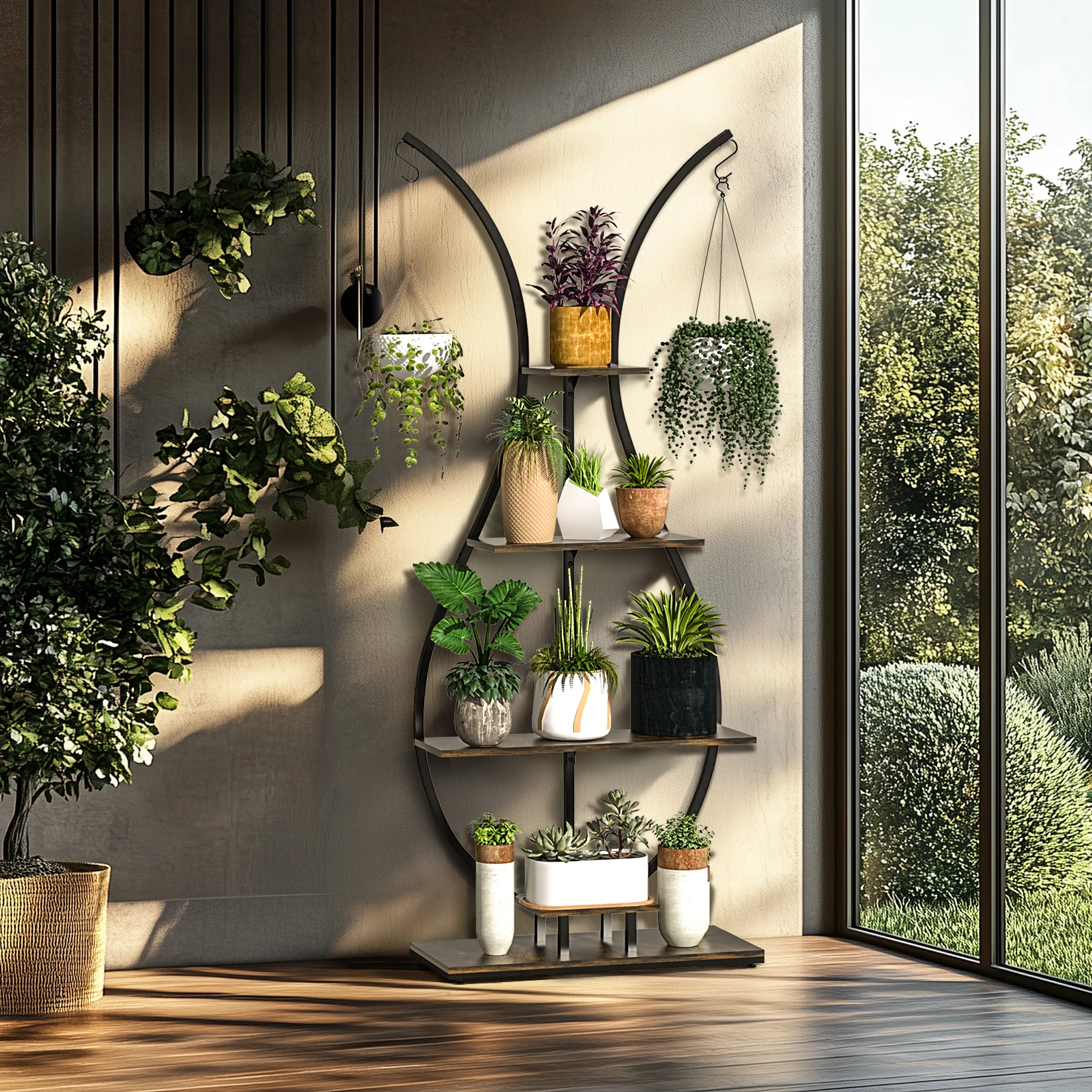 5 Tier Tall Plant Stand Indoor Vase-Shape Metal Plant Shelf with Hanging Hook, Multiple Planter Display for Home Decor Living