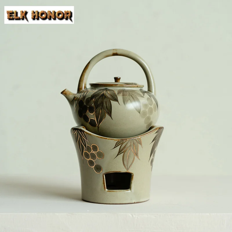 Gold Drawing Teapot Warmer Set Antique Hand-painted Grape Candle Heating Furnace Aesthetic Tea Stove Kettle Stand For Tea Gift