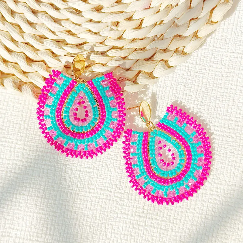 Beaded earrings Crystal Originality Water drop Alloy Graph Colour Hand knitting Bohemia Tide Simple Rice bead earrings